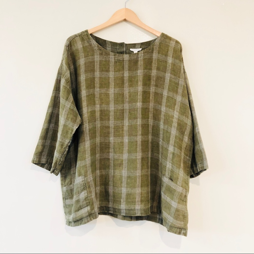 Eileen Fisher Catalan Plaid Linen Top in Oregano